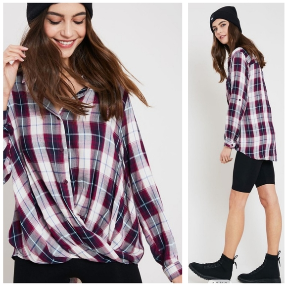 Front Twist Purple Plaid Button Down Hi-Lo Blouse - Picture 2 of 5